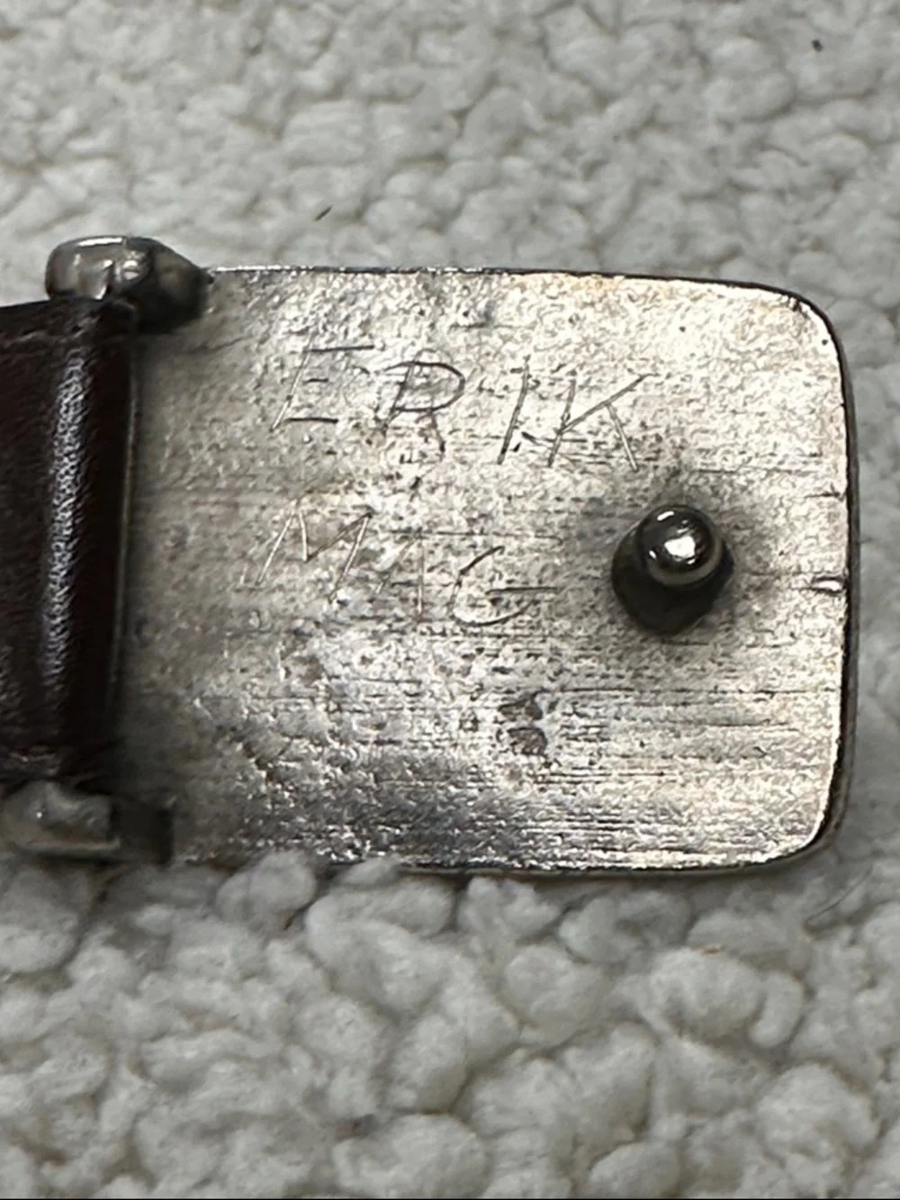 Slim Brown Belt with Geometric Inlay in Silver Tone Buckle